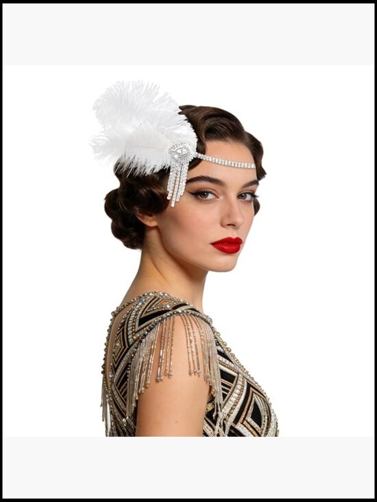 Accessories - Vintage Flapper Headpiece Roaring 20s Gatsby Headband Feather Crystal Tassels